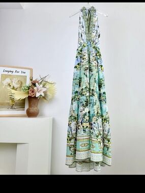 Flowy Printed Maxi Dress in Aqua and White